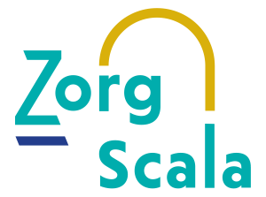 Illustratie met de tekst ZorgScala in het groen en een gele boog
