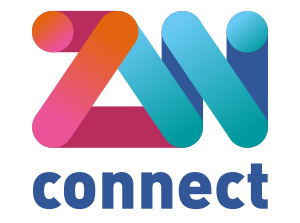 Illustratie met de tekst ZW Connect in de kleuren roze, oranje, paars en blauw